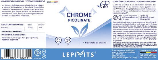 Chroom | 60 plantaardige capsules | Helpt de bloedsuikerspiegel op peil te houden | Made in Belgium | LEPIVITS - LEPIVITS