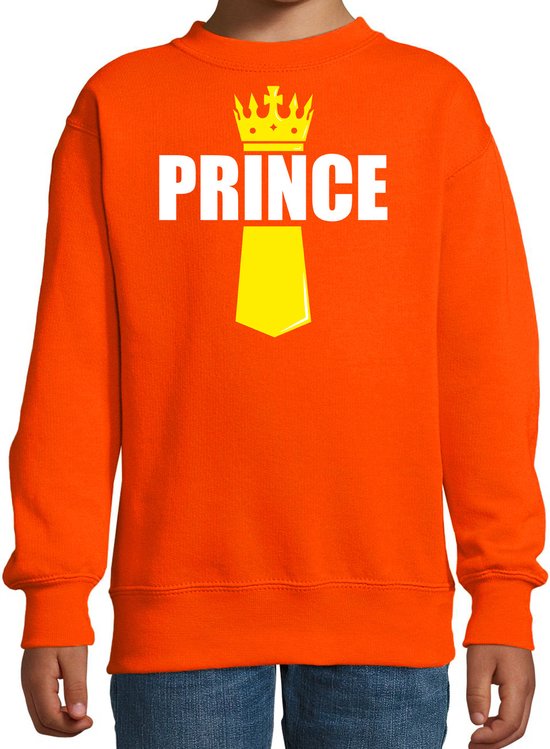 Koningsdag sweater Prince met kroontje oranje - kinderen - Kingsday outfit / kleding / trui 142/152 (11-12 jaar)