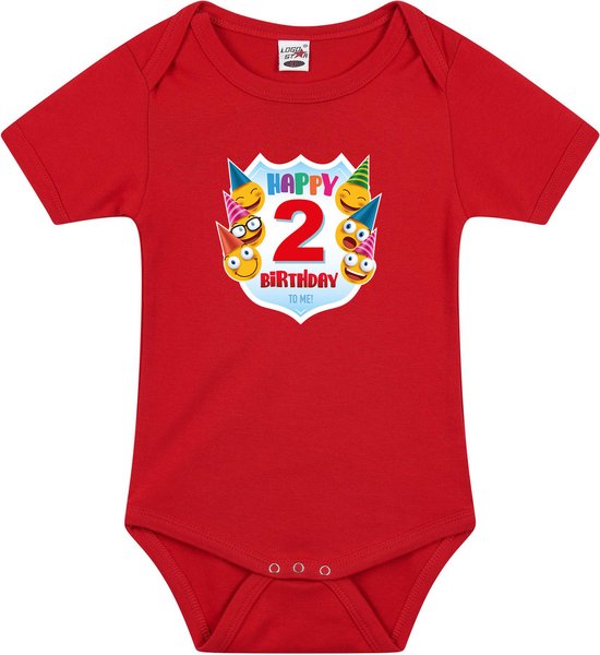 Foto: Happy birthday 2e verjaardag romper unisex jongens meisjes 2 jaar met emoticons rood voor babys 92