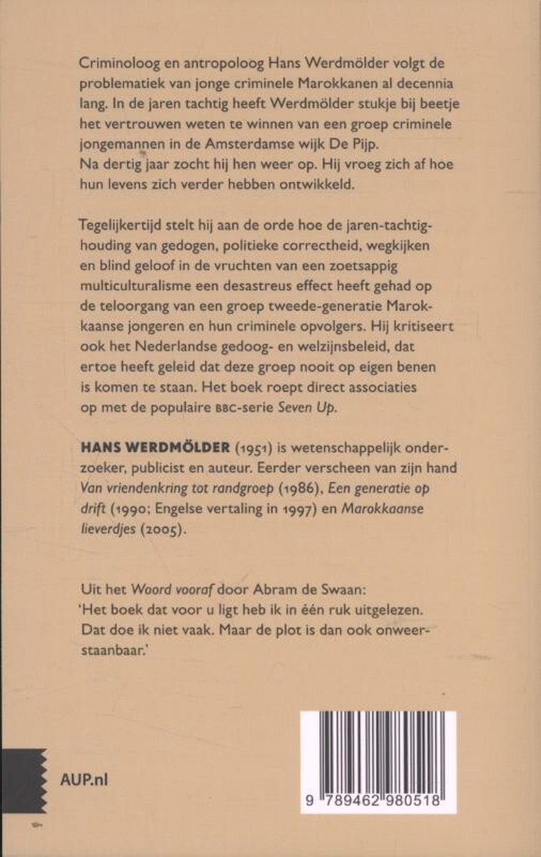 Achterkant van het boek "Marokkanen in de marge" met tekst over de auteur en recensies.