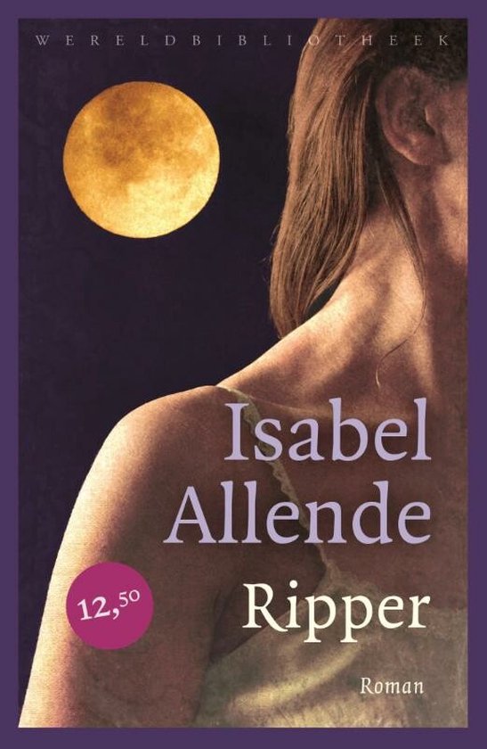 Livre "Ripper" par Isabel Allende, avec une femme et une pleine lune sur la couverture. Prix : 12,50.