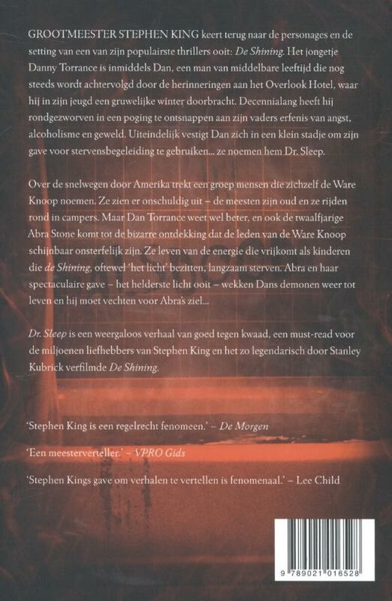 Boekomslag van 'Dr. Sleep' van Stephen King, met de achterkant en recensies.