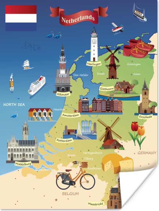 Industrieel Tenen Onafhankelijk Kaart met bezienswaardigheden in Nederland 90x120 cm - Foto print op  Poster... | bol.com