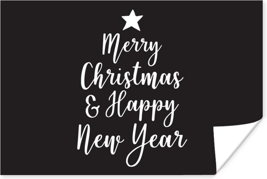 Poster Kerst quote "Merry Christmas & Happy New Year" met een zwarte achtergrond - 30x20 cm - Kerstmis Decoratie - Kerstversiering - Kerstdecoratie Woonkamer - Kerstversiering - Kerstdecoratie voor binnen - Kerstmis
