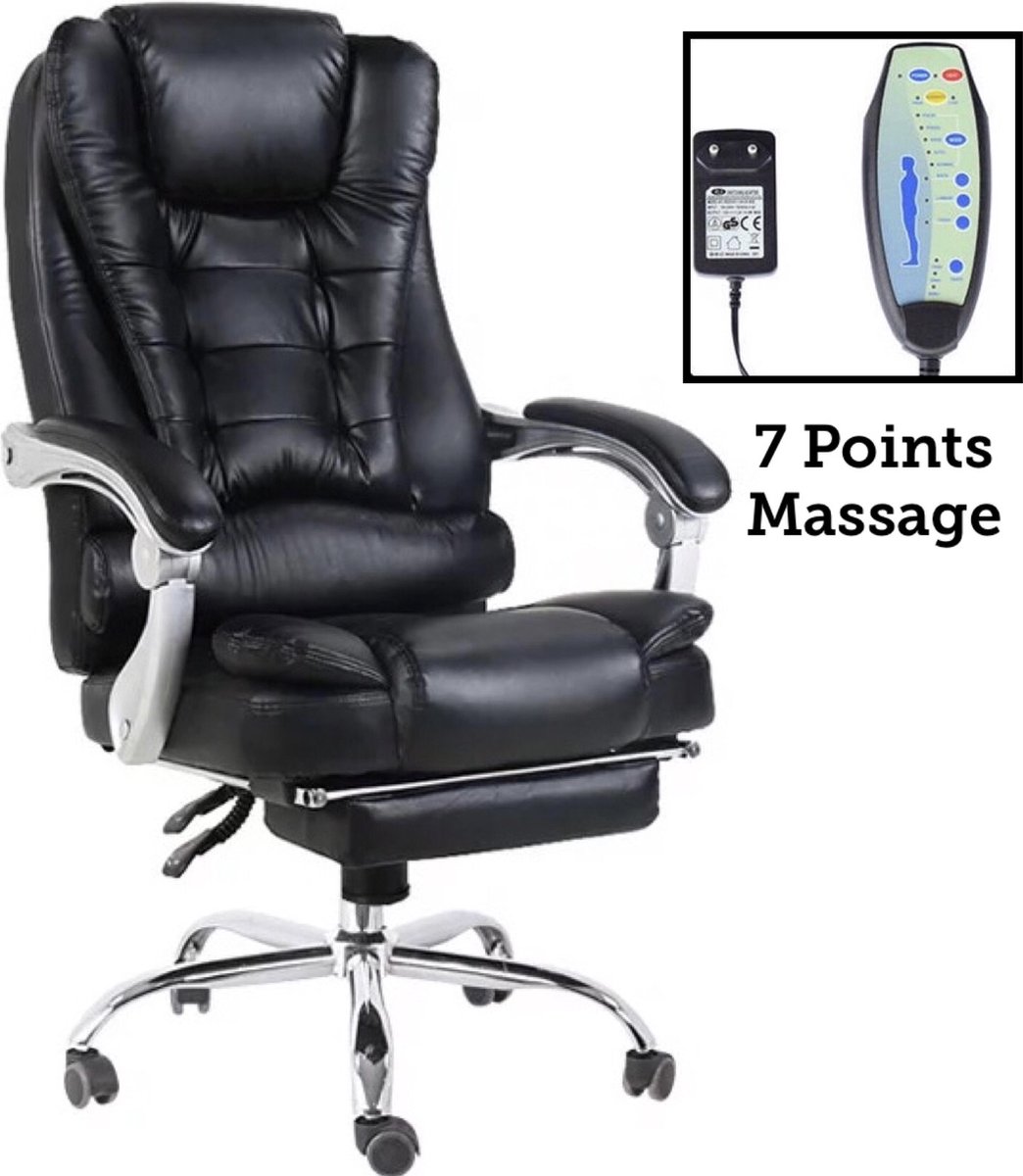 Massage Bureaustoel Deluxe - 7 Punts Massagefunctie - Gamestoel - Gamingstoel - Massagestoel - Kunstleer - Voetensteun - Kantoorstoel - Zwart