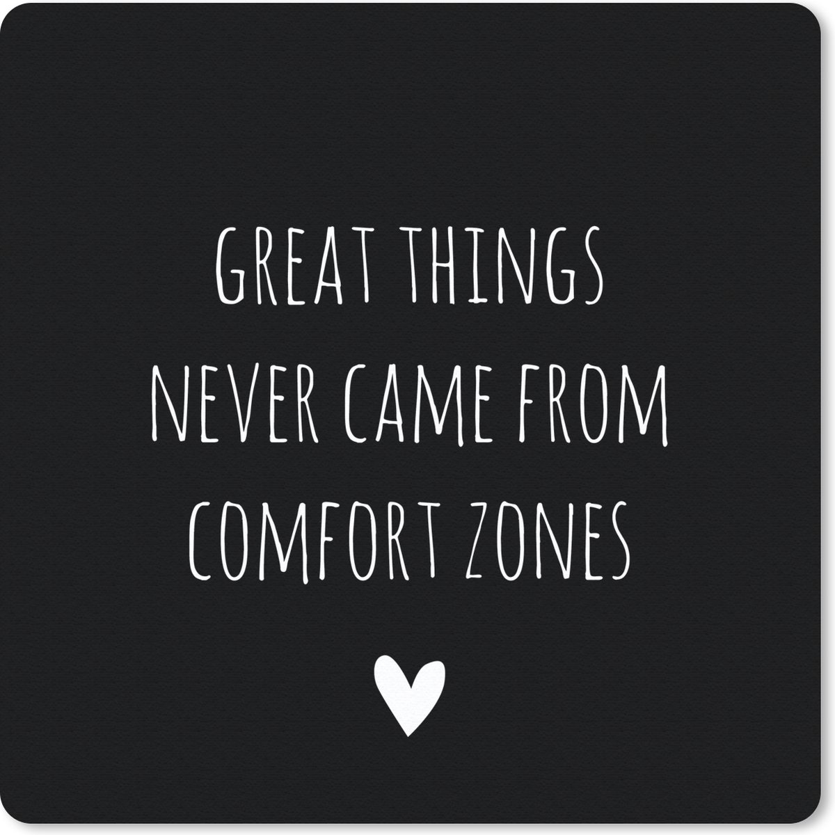 Muismat 20x20 cm - Mousepad Engelse quote "Great things never came from comfort zones" tegen een zwarte achtergrond - Muismatten