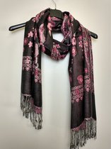 Lange dames sjaal omslagdoek Paula gebloemd paars zwart roze grijs