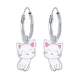 Joy|S - Zilveren kat poes bedel oorbellen - wit - oorringen