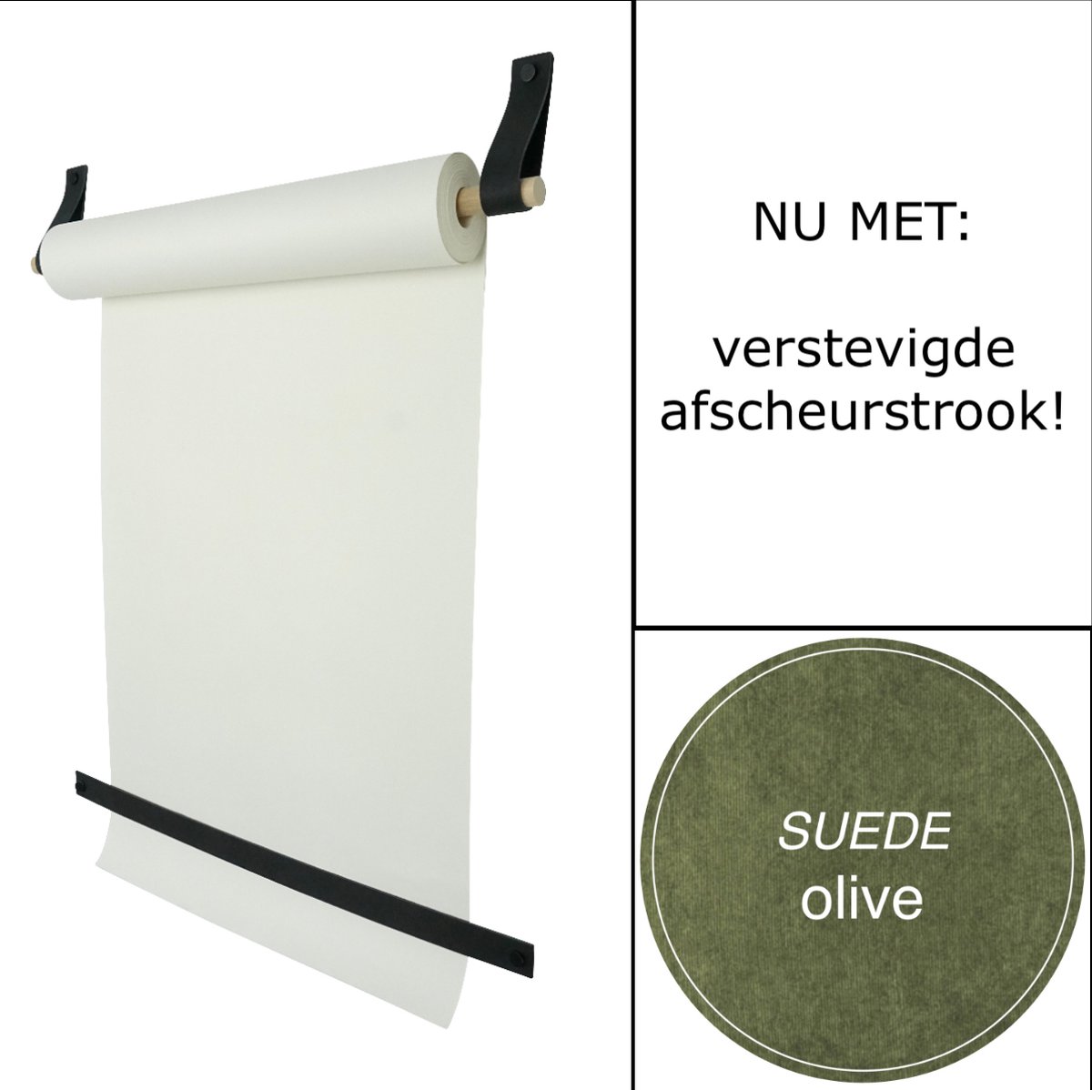 Tekenrol - aan leren lussen | SUEDE OLIVE (Papierrol: wit) NU MET: verstevigde afscheurstrook! (wandborden - tekstborden - tekenbord)