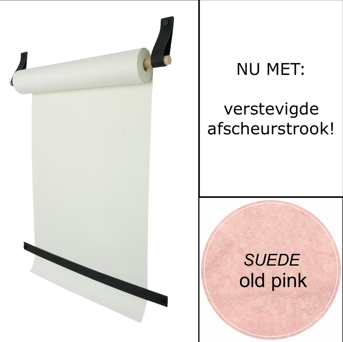 Tekenrol - aan leren lussen | SUEDE OLD PINK (Papierrol: wit) NU MET: verstevigde afscheurstrook! (wandborden - tekstborden - tekenbord)