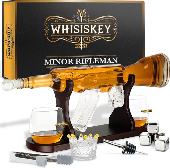 Whisiskey Whiskey Karaf - AK-47  - Luxe Whisky Karaf Set - 1 L - Decanteer Karaf - Whiskey Set - Incl. 4 RVS Whiskey Stones, Schenktuit & 2 Whiskey Glazen - Cadeau voor Man & Vrouw