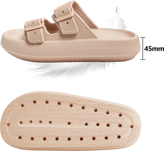 Lichtbruine EVA slippers met twee verstelbare gespen, 45mm dikke zool.