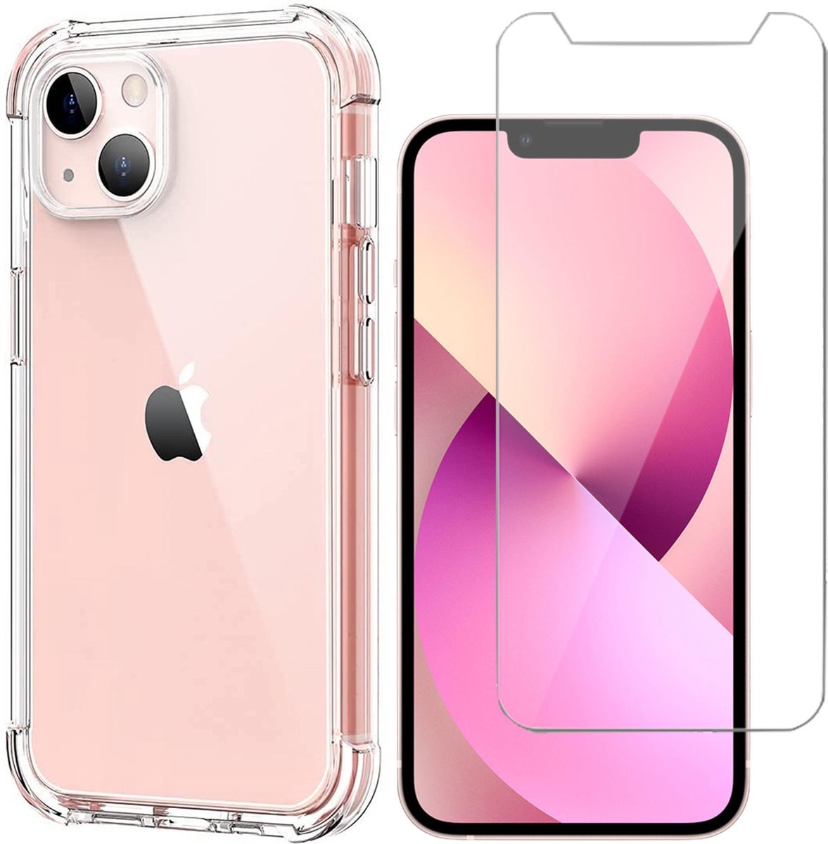 Hoesje Transparant geschikt voor Apple iPhone 13 - Screenprotector en Shock Proof Hoesje Case met Versterkte rand en Screen Protector
