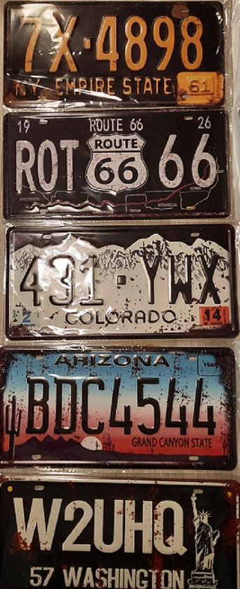 Denza - 5 x blikken Amerikaanse nummer platen - decoratie - uniek - retro - nummerbord - route 66 - Empire state - Colorado 14 - Arizona - Grand Canyon State - 57 Washington - Blik - Metalen borden - 30 x 15 cm