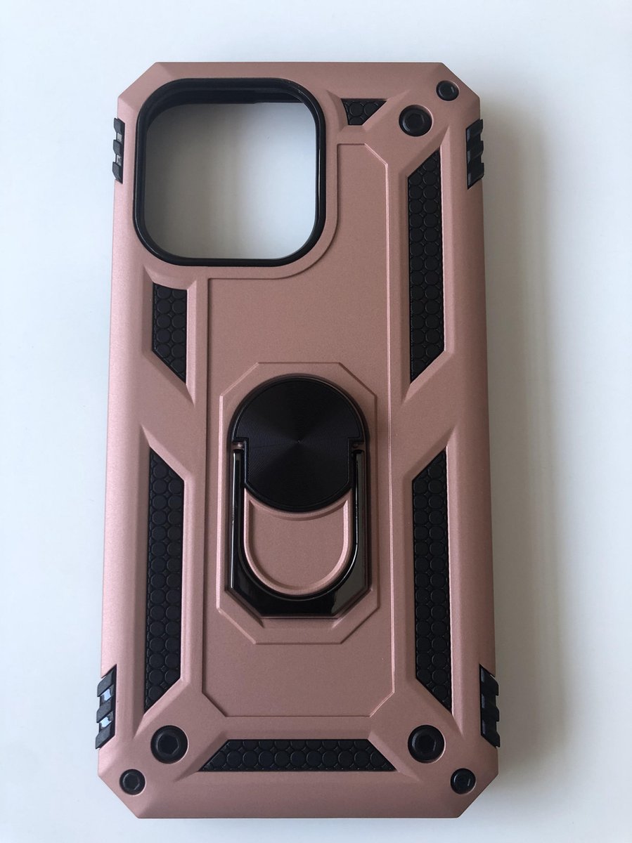 Hoogwaardige Stevige Hybrid Armor Anti shock Magnetische ring back cover case - Geschikt voor iPhone 13 Pro - Schokbestendig TPU met kickstand ring - Rosegoud