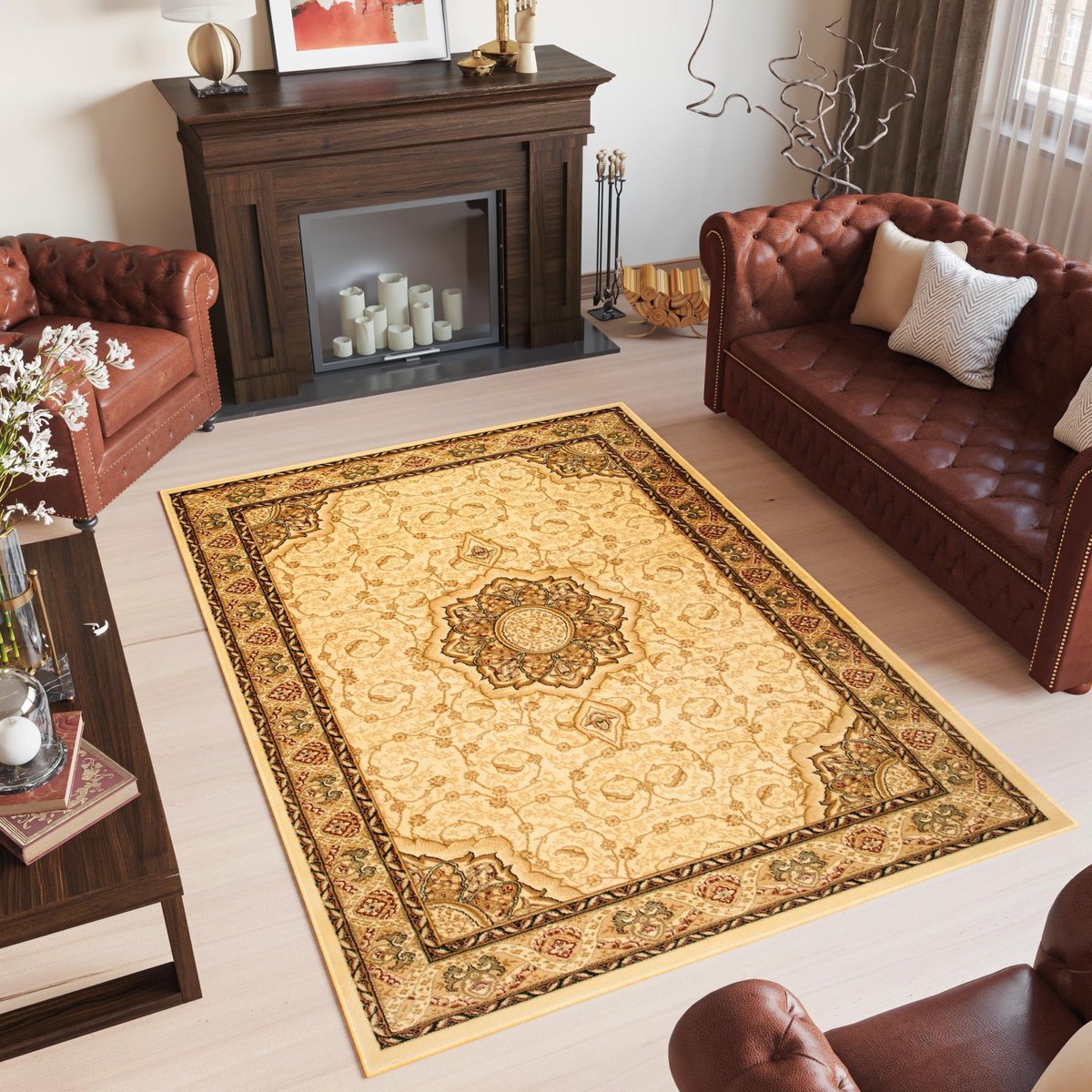 Tapiso Yesemek Vloerkleed Creme Traditioneel Vintage Medaillon Frame Design Woonkamer Slaa