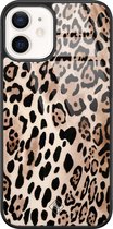 iPhone 12 hoesje glass - Luipaard print bruin | Apple iPhone 12  case | Hardcase backcover zwart