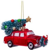 Ornament glass red car w/christmas tree H5.5cm