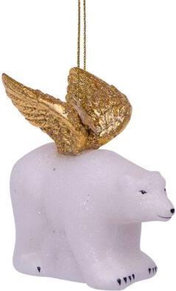 Ornament glass white polar bear w/gold wings H7.5cm