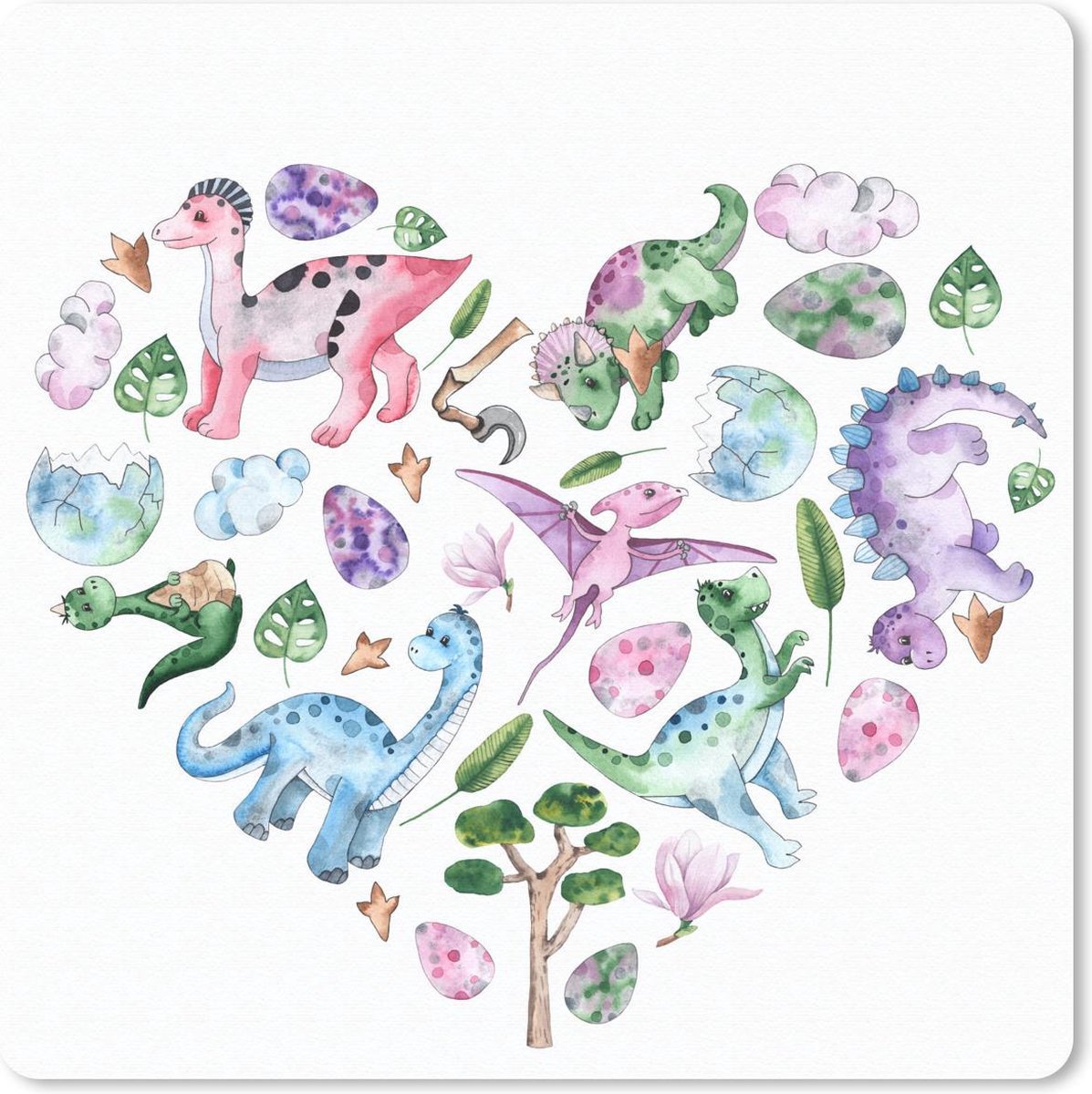 Muismat 20x20 cm - Mousepad Kinderkamer - Hart - Dinosaurus - Meisjes - Kinderen - Roze - Muismatten
