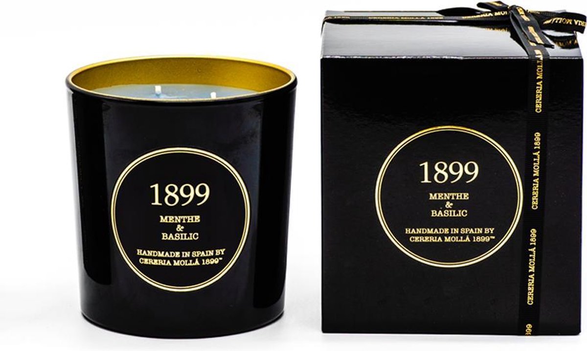 Cereria Mollà 1899 Geurkaars XL 600g Menthe & Basilic Gold Edition 80 branduren luxe kaars 3 wieken sojawas katoenen lont