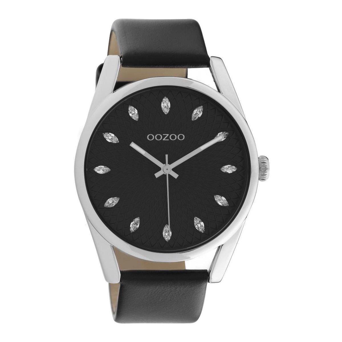 OOZOO Timepieces - zilverkleurige horloge met zwarte leren band - C10818 - Ø45