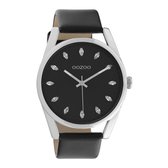 OOZOO Timepieces - zilverkleurige horloge met zwarte leren band - C10818 - Ø45