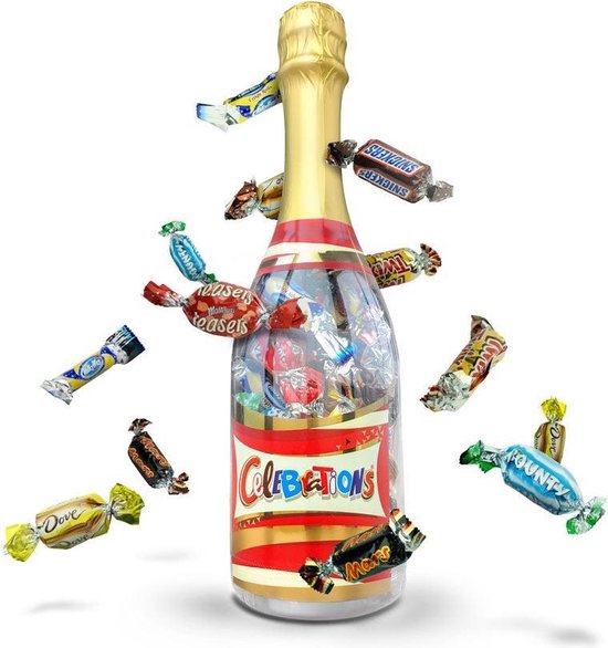 Foto:  gefeliciteerd celebrations fles in giftbox 312 gram smaken mix chocolade cadeau champagnefles