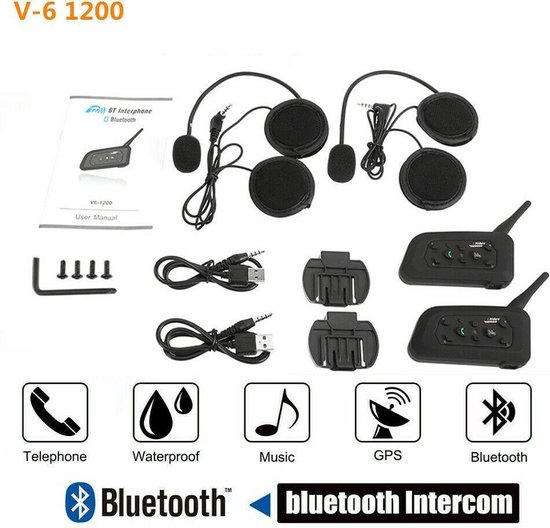 2 stuks Motor headset V6 pro 1200M intercom bluetooth helm draadloos  communicatie... | bol.com