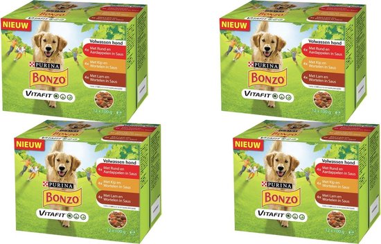 Bonzo Vitafit Maaltijdzakjes - Hondenvoer Natvoer - Rund Kip & Lam - 48 x 100 g