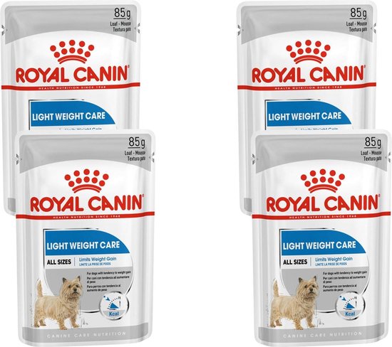 Vier verpakkingen Royal Canin Light Weight Care hondenvoer van 85 gram.