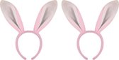 2x stuks konijnen/bunny oren roze met wit voor volwassenen 27 x 28 cm - Feest diadeem konijn/paashaas - Paas verkleedkleding