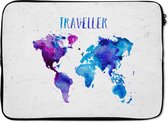 Laptophoes 13 inch - Wereldkaart - Spreuken - Aquarelverf - Laptop sleeve - Binnenmaat 32x22,5 cm - Zwarte achterkant