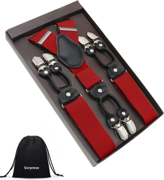 Sorprese - Luxe chic - bretelles homme - rouge uni - 6 pinces extra fortes  - cuir noir | bol.com
