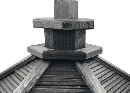 Donkere houten schoorsteen op het dak van een vogelhuisje.