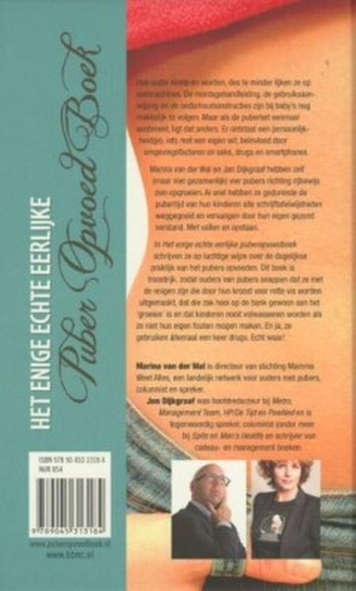 Achterkant van 'Het Enige Echte Eerlijke Puberopvoedboek' met auteursfoto's.