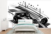 Behang - Fotobehang Een zwart-witte illustratie van een wagen uit de Formule 1 - Breedte 350 cm x hoogte 260 cm