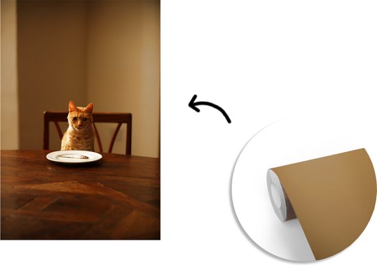 Papier peint - Papier peint photo Chat - Table à manger - Assiette - Largeur 145 cm x hauteur 220 cm