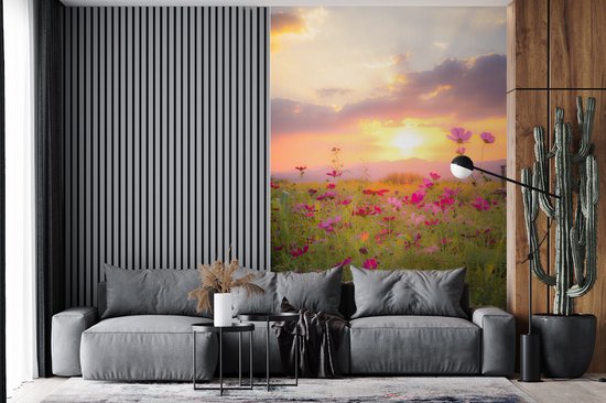 Champ de fleurs avec des fleurs roses sauvages au crépuscule 225x350 cm