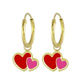 Joy|S - Zilveren hartje bedel oorbellen - roze en rode hartjes oorringen - 14k goudplating