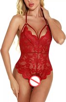 Erotische body van kant in ROOD kleur, doorzichtige kant, diepe rug, open kruis, sexy lingerie voor spannende momenten Maat L