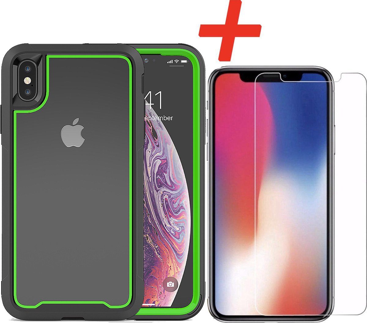 Backcover geschikt voor Apple iPhone X / XS- Groen - Shockproof + Glas Protector