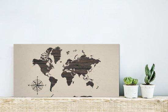 Décoration murale Métal - Peinture Aluminium - Wereldkaart - Bois - Marron - 40x20 cm