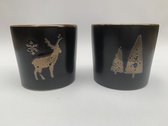 Kaars in aardewerkpotje 2 assorti - zwart - kerst - eland - kerstbomen