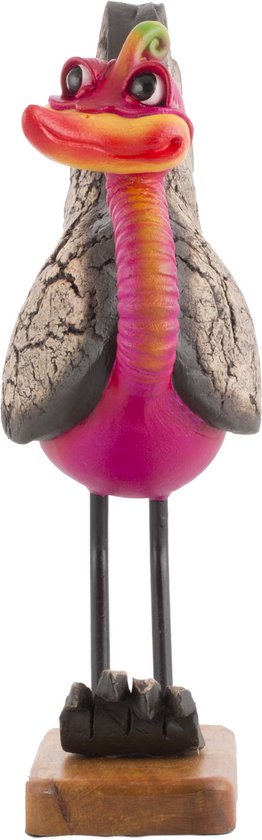 Comix Cartoon - struisvogel - beeld - Zoomer - roze - uniek handgeschilderd - massief beeld - op houten voet
