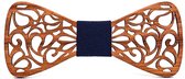 DWIH - houten Vlinderdas - Vlinderstrik van hout - Flower serie - Heinz - blauwe stof"