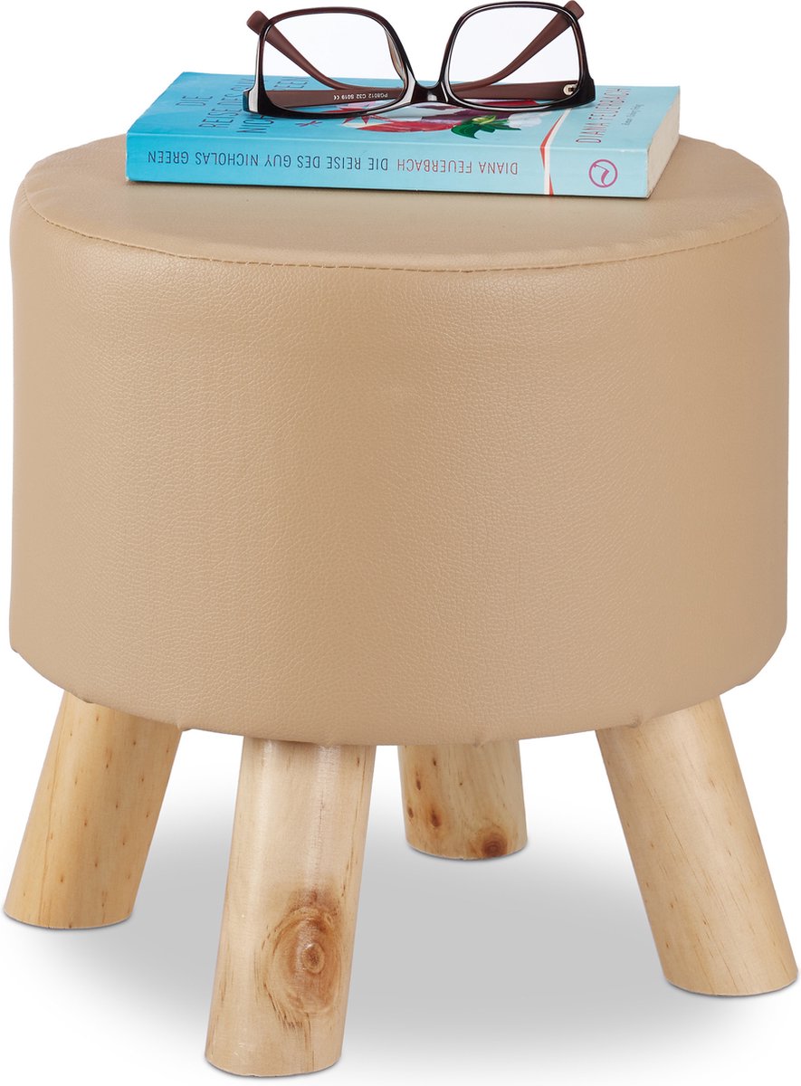 Inuit Witte Bouclé Poef Krukje - Bijzettafel met Houten Poten - 41,5 cm - Krukje