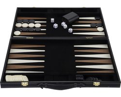 Backgammon 18 Inch – Gestikt Spel in Bruin & Ivoor – Zwarte Koffer met Handvat – Inklapbaar – Afmeti