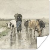 Poster Een boerin met koeien op een landweg in de regen - Schilderij van Anton Mauve - 50x50 cm