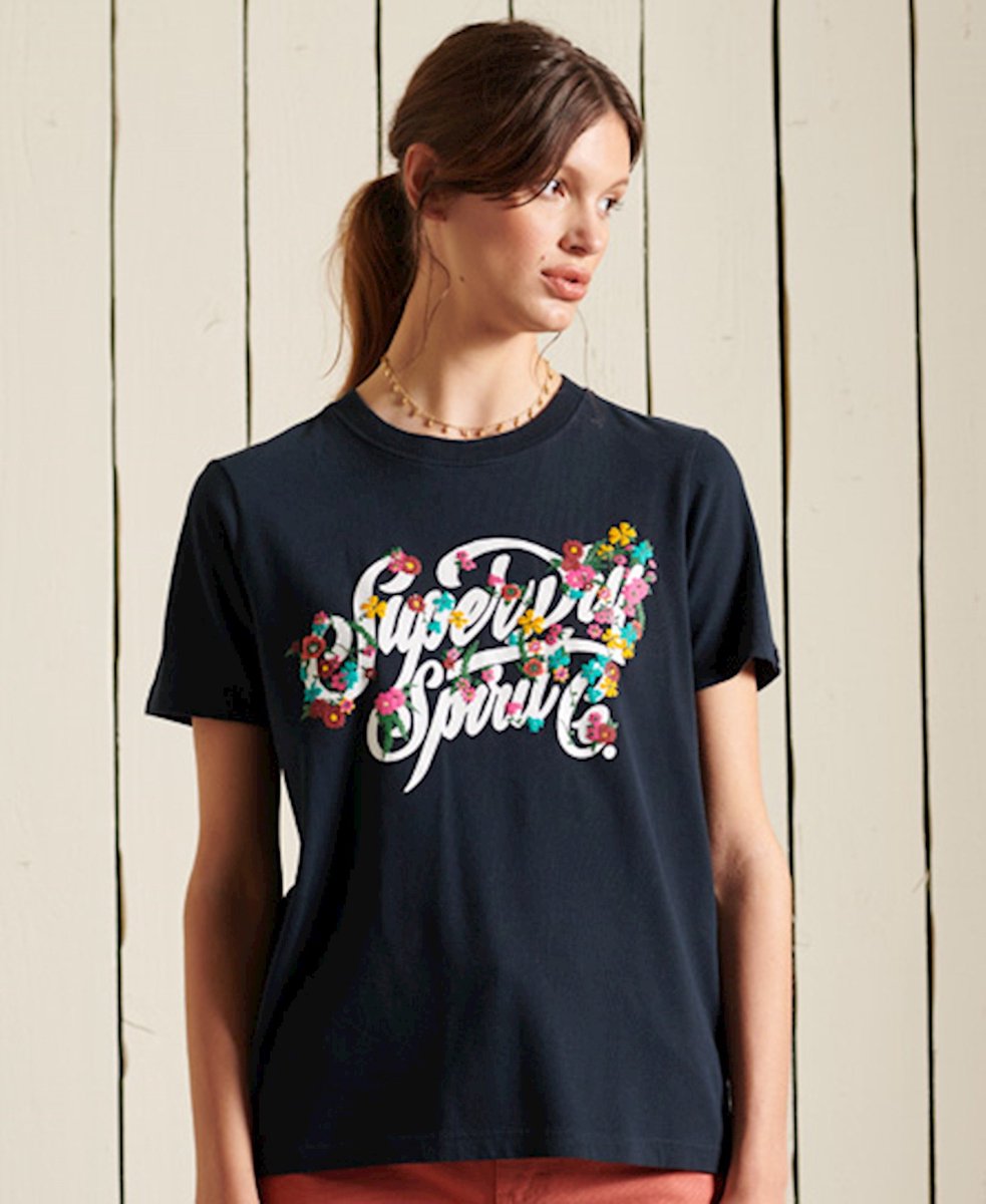 Superdry Dames tshirt Gebloemd T-shirt met tekst Marineblauw